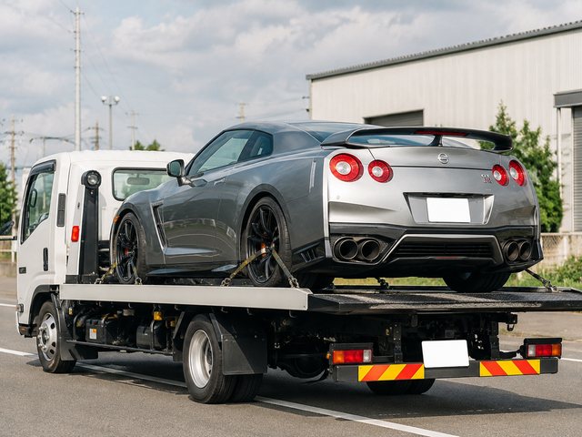 A vehicle loaded on a transporter